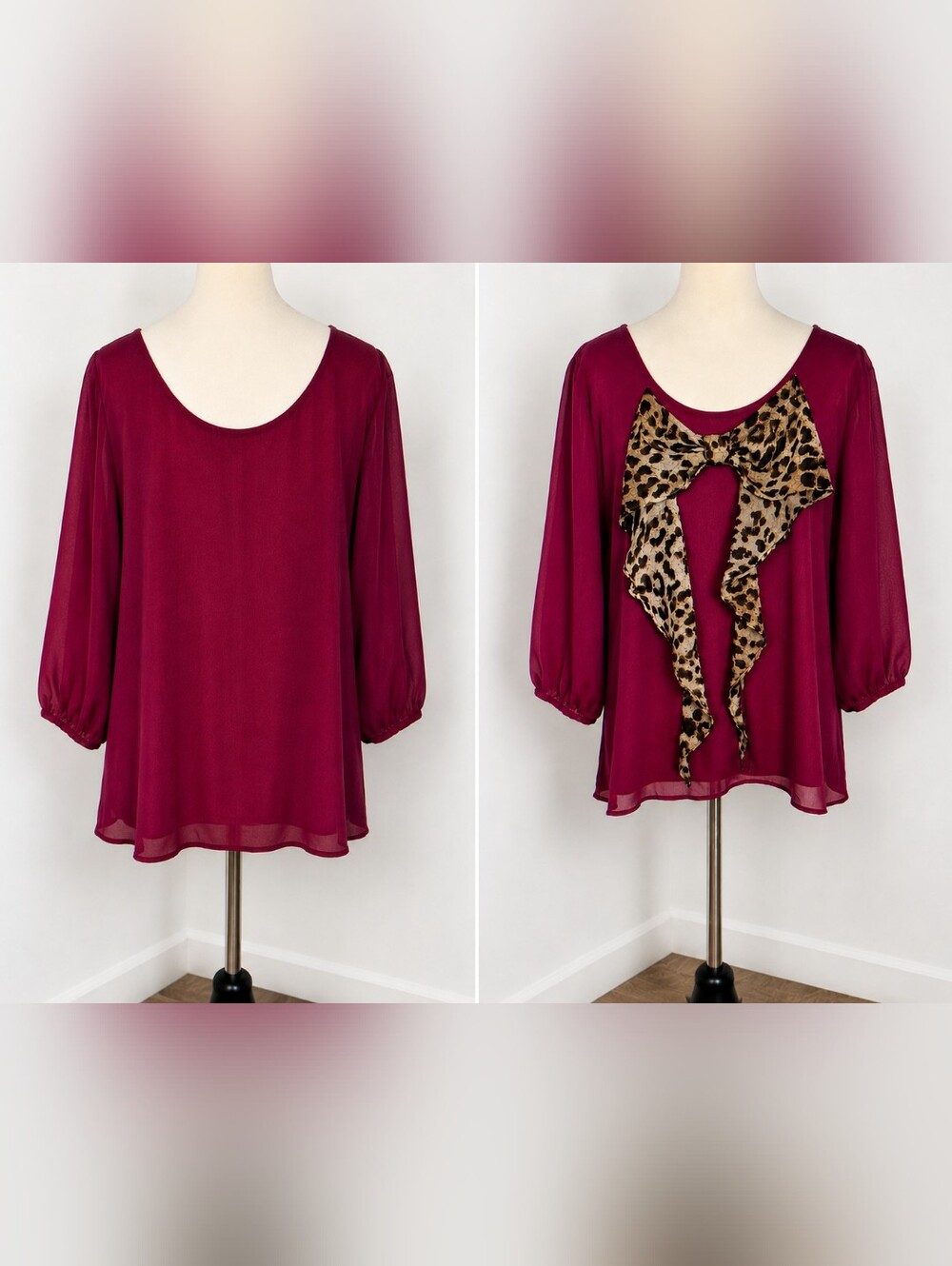 Charming Charlie Deep Burgundy Blouse with a Leopard Bow in the Back, Size Large